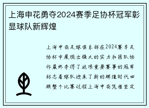 上海申花勇夺2024赛季足协杯冠军彰显球队新辉煌